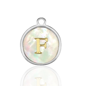 Breloques en acier Inox nacre rond 12mm lettre F Blanc (couleur naturelle)-argent&eacute;