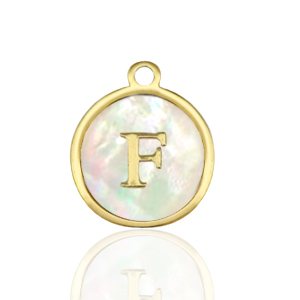 Breloques en acier Inox nacre rond 12mm lettre F Blanc (couleur naturelle)-dor&eacute;