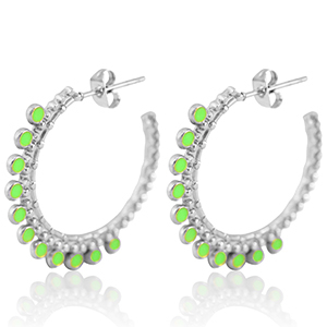 Boucles d'oreilles en acier Inox cr&eacute;oles 30mm Argent&eacute;-vert n&eacute;on