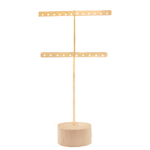 Pr&eacute;sentoir bijoux en forme de T pour boucles d'oreilles avec pied en bois Naturel-dor&eacute;