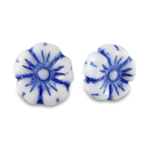 Perles tch&egrave;ques fleur 9mm Bleu fort-blanc