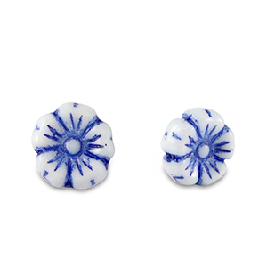 Perles tch&egrave;ques fleur 7mm Bleu fort-blanc