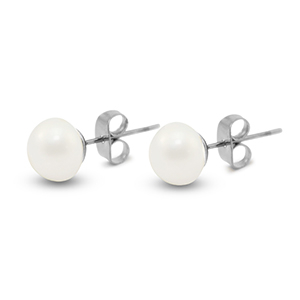 Boucles d'oreilles / puces en acier Inox perles 8mm Argent&eacute;-blanc perle