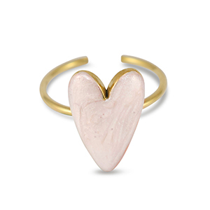 Bagues en acier inox &eacute;maill&eacute;es coeur Rose clair nacr&eacute;-Dor&eacute;