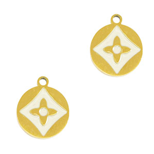 Breloques en acier Inox rond fleur Dor&eacute;-blanc