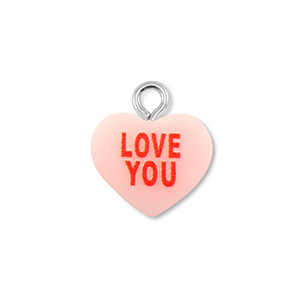 Pendentifs en r&eacute;sine coeur "LOVE YOU" Rose clair-rouge
