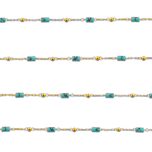 Appr&ecirc;ts en acier inox cha&icirc;ne maille jaseron Howlite tube Dor&eacute;-turquoise