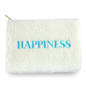 Trousse en peluche "HAPPINESS" Blanc cass&eacute;-bleu clair