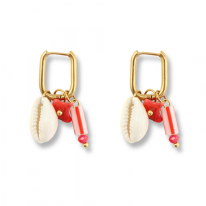 Boucles d'oreilles en acier Inox coquille Dor&eacute;-rouge-blanc