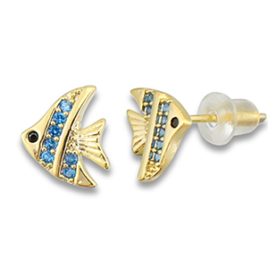 M&eacute;tal TQ laiton boucles d'oreilles / puces d&rsquo;oreilles poisson Dor&eacute;-bleu clair