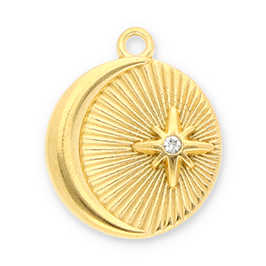 Breloques en acier Inox lune et &eacute;toile avec strass Dor&eacute;-transparent