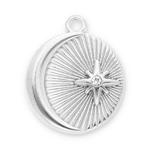 Breloques en acier Inox lune et &eacute;toile avec strass Argent&eacute;-transparent