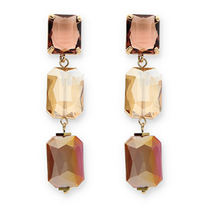 Boucles d&rsquo;oreilles / puces d&rsquo;oreilles en verre de cristal rectangle Bordeaux-orange ambre-rose mauve fonc&eacute; AB coating
