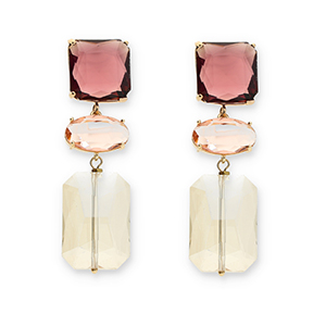 Boucles d&rsquo;oreilles / puces d&rsquo;oreilles en verre de cristal carr&eacute;-ovale-rectangle Bordeaux-rose-beige sable