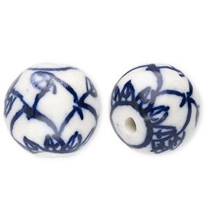 Perles en c&eacute;ramique 15&nbsp;mm avec feuille Blanc cass&eacute;-bleu de Delft