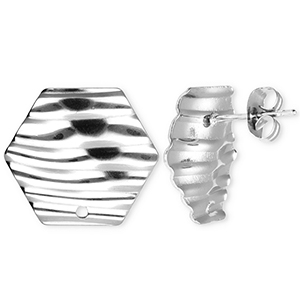 Appr&ecirc;ts en acier Inox boucles d'oreilles / puces d&rsquo;oreilles hexagone avec lignes avec anneau Argent&eacute;