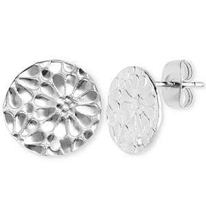Appr&ecirc;ts en acier Inox boucles d'oreilles / puces d&rsquo;oreilles rond avec flor avec anneau Argent&eacute;
