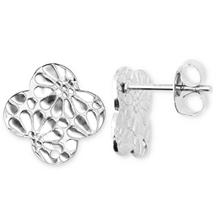 Appr&ecirc;ts en acier Inox boucles d'oreilles / puces d&rsquo;oreilles tr&egrave;fle avec flor avec anneau Argent&eacute;