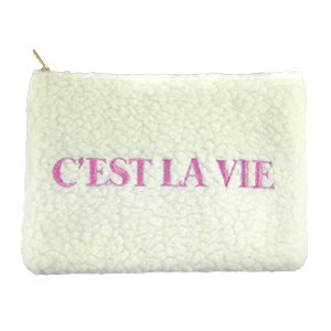 Trousse en peluche "C'EST LA VIE" Blanc cass&eacute;-violet