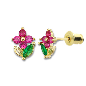 M&eacute;tal TQ laiton boucles d'oreilles / puces d&rsquo;oreilles fleur Dor&eacute;-rose fonc&eacute;-vert