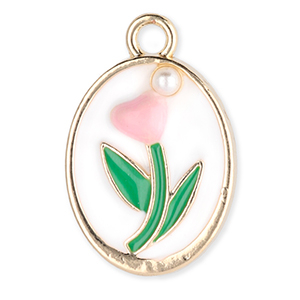 Breloques en m&eacute;tal ovale avec tulipe vec perle Dor&eacute;-blanc-vert-rose clair