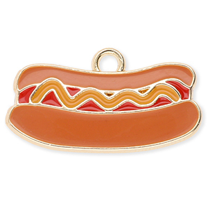 Breloques en m&eacute;tal hotdog Dor&eacute;-marron-rouge-marron moutarde