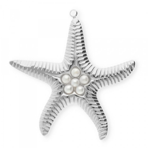 Breloques en acier Inox &eacute;toile de mer avec imitations perles Argent&eacute;-blanc