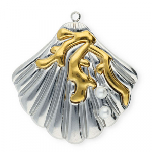 Breloques en acier Inox coquillage avec imitations perles Argent&eacute;-dor&eacute;-blanc