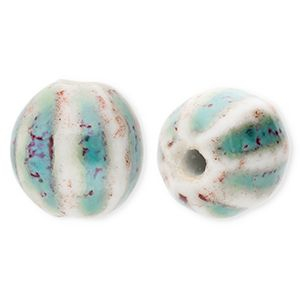 Perles en c&eacute;ramique 11&nbsp;mm avec ray&eacute;es Bleu sarcelle-blanc cass&eacute;-port rouge