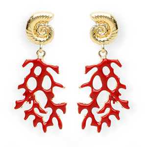 Boucles d'oreilles&nbsp;/&nbsp;puces tendance &eacute;maill&eacute;e coquillage & corail avec tige en acier inoxydable Dor&eacute;-rouge fonc&eacute;