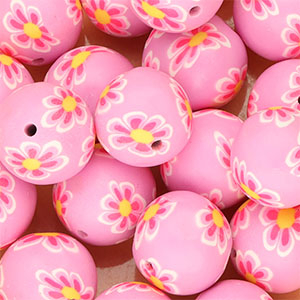 Perles en silicone 18&nbsp;mm rond avec fleurs peintes &agrave; la main Violet orchid&eacute;e-rose n&eacute;on-jaune