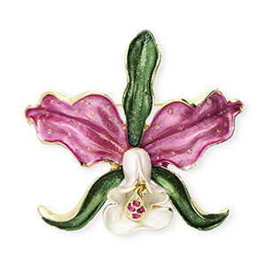 Broches fleur avec strass Dor&eacute;-rose orchid&eacute;e-vert-blanc