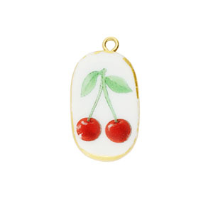 Breloques en c&eacute;ramique ovale avec cerises Dor&eacute;-blanc-rouge-vert