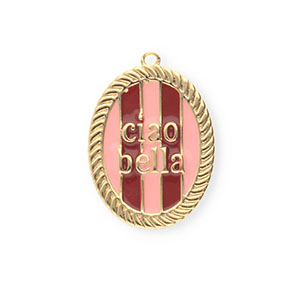 BY31&reg; Breloques en laiton Eco-brass avec &eacute;maill&eacute;eovale Ciao bella"" Dor&eacute;-rose clair-rouge