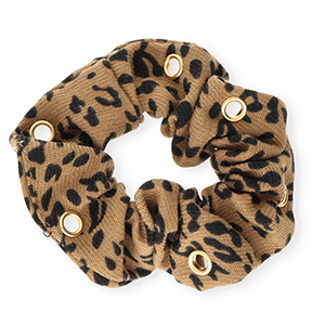 Elastique pour cheveux chouchou imprim&eacute; l&eacute;opard avec anneaux Marron bronze-noir-dor&eacute;