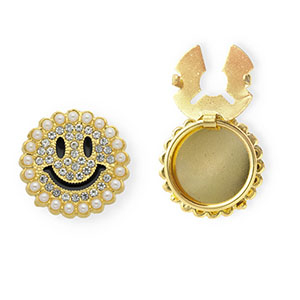 Cache-boutons souriant avec strass et imitations perles Dor&eacute;-noir-cristal-blanc