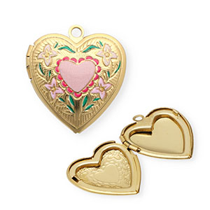 Breloques en acier Inox m&eacute;daillon coeur avec fleurs Dor&eacute;-rose-vert