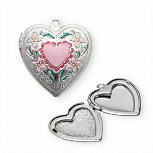 Breloques en acier Inox m&eacute;daillon coeur avec fleurs Argent&eacute;-rose-vert