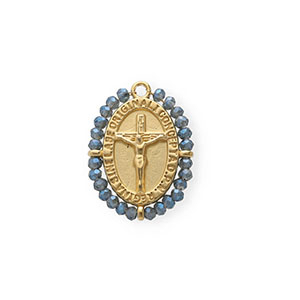 Breloques en acier Inox m&eacute;daillon ovale avec crucifix Dor&eacute;-bleu