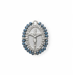 Breloques en acier Inox m&eacute;daillon ovale avec crucifix Argent&eacute;-bleu