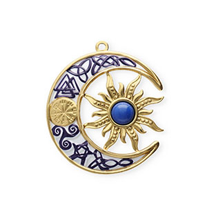 Breloques en acier Inox &eacute;mail lune et soleil Dor&eacute;-bleu fonc&eacute;-blanc
