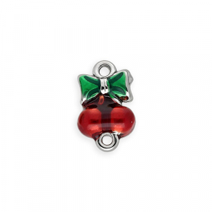 Appr&ecirc;ts en acier Inox connecteur &eacute;mail cerises avec n&oelig;ud Argent&eacute;-rouge-vert