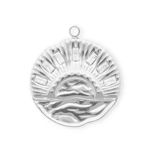 Breloques en acier Inox avec strass rond avec coucher de soleil Argent&eacute;-cristal